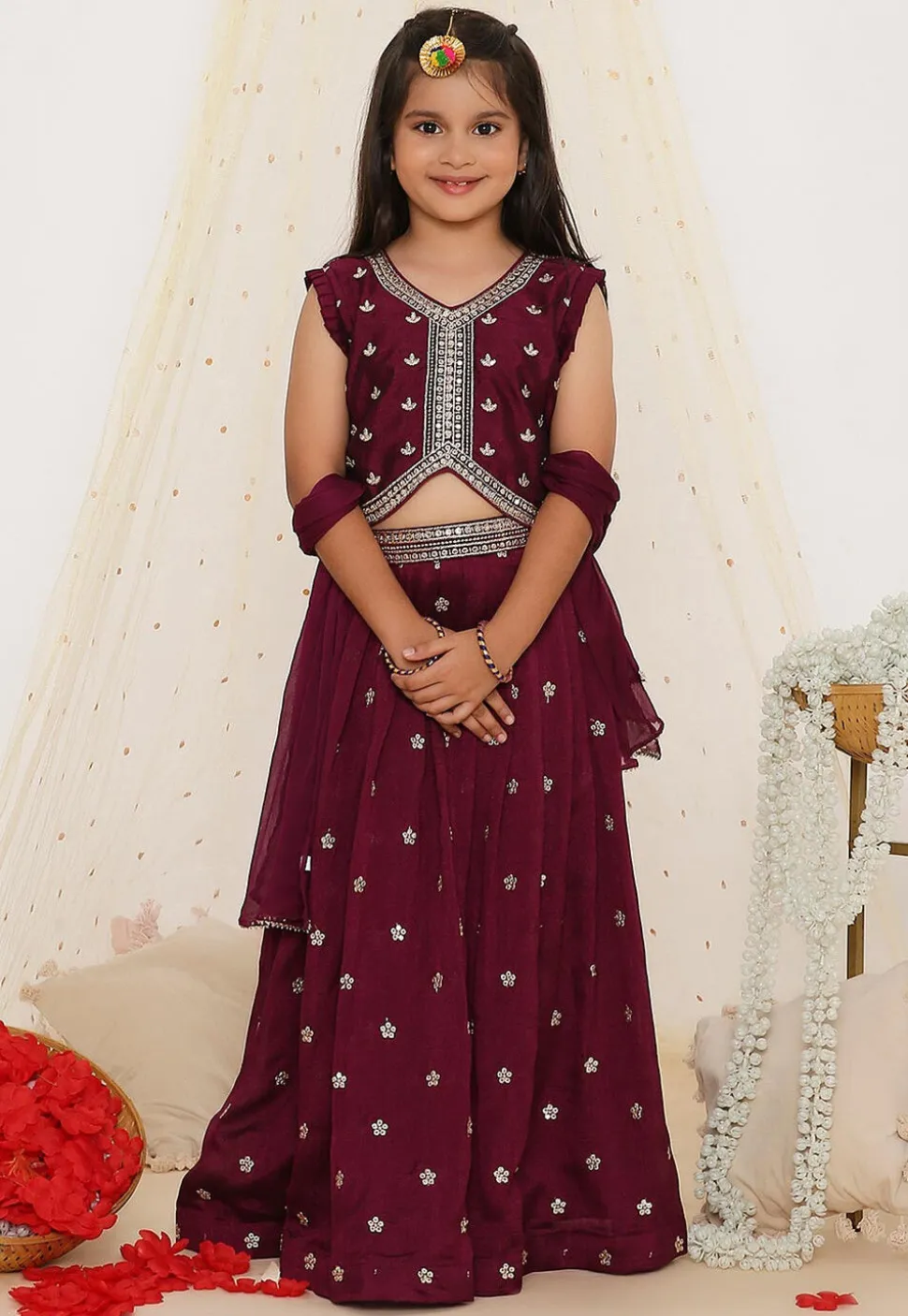Embroidered Art Silk Lehenga in Dark Purple