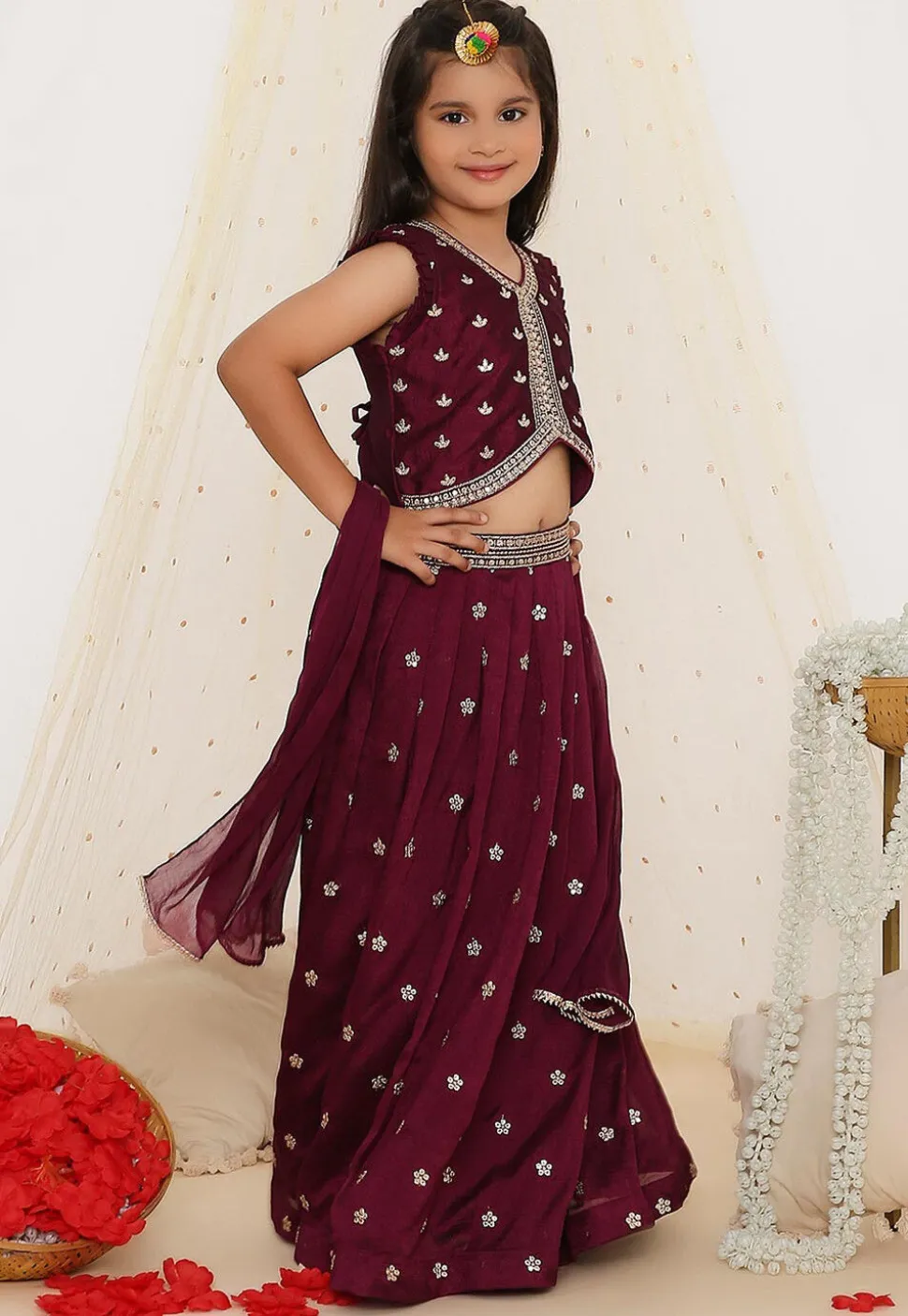 Embroidered Art Silk Lehenga in Dark Purple