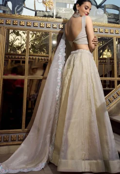 Embroidered Art Silk Lehenga in Cream