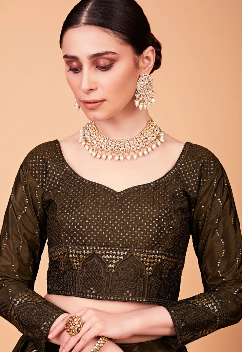 Embroidered Art Silk Lehenga in Brown