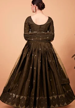 Embroidered Art Silk Lehenga in Brown