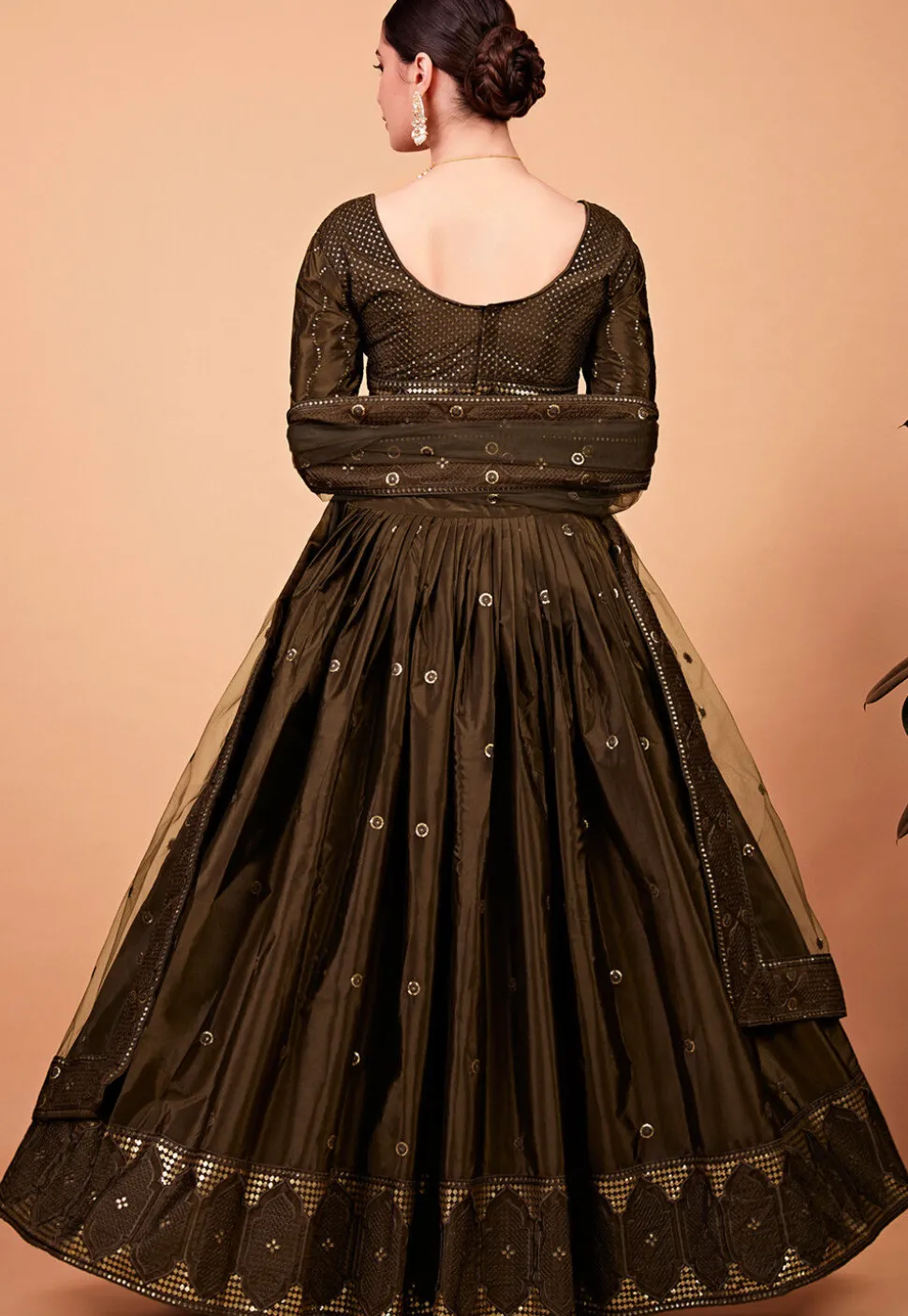 Embroidered Art Silk Lehenga in Brown