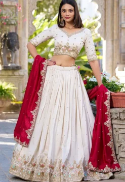 Embroidered Art Silk Lehenga in Cream