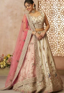 Embroidered Art Silk Lehenga in Off White