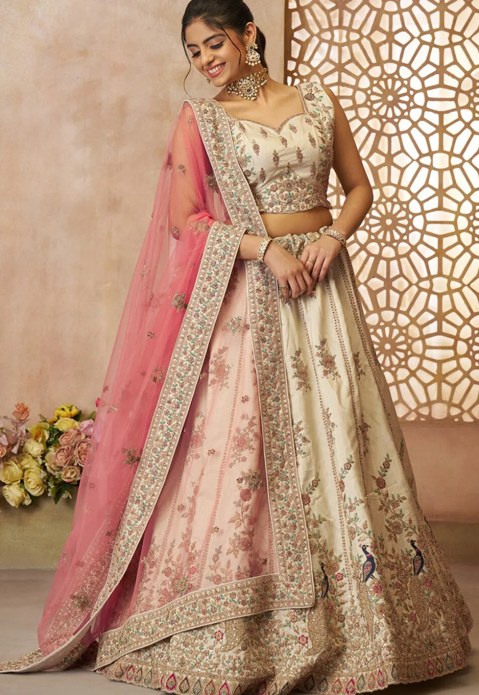 Embroidered Art Silk Lehenga in Off White