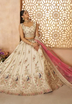Embroidered Art Silk Lehenga in Off White