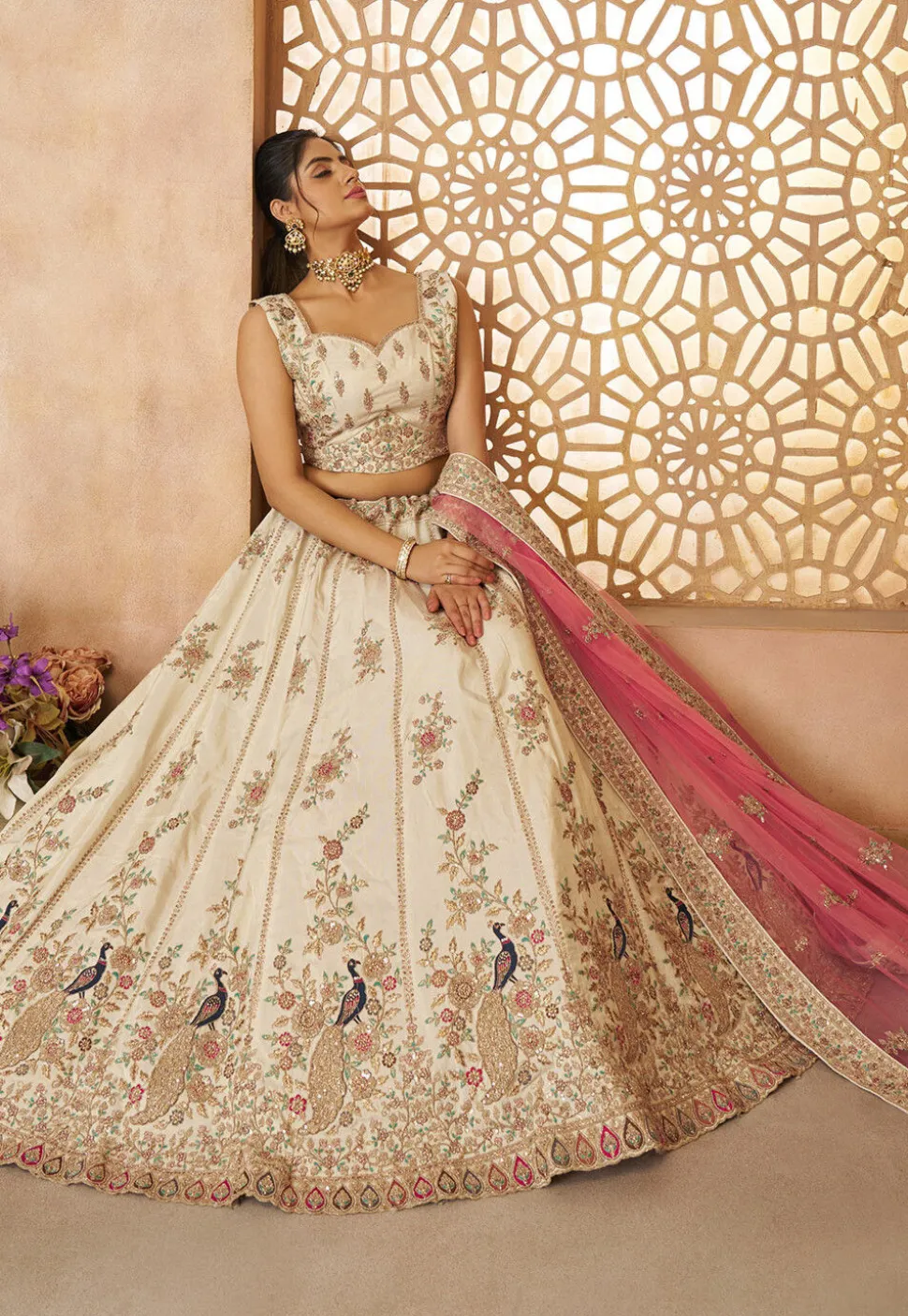 Embroidered Art Silk Lehenga in Off White
