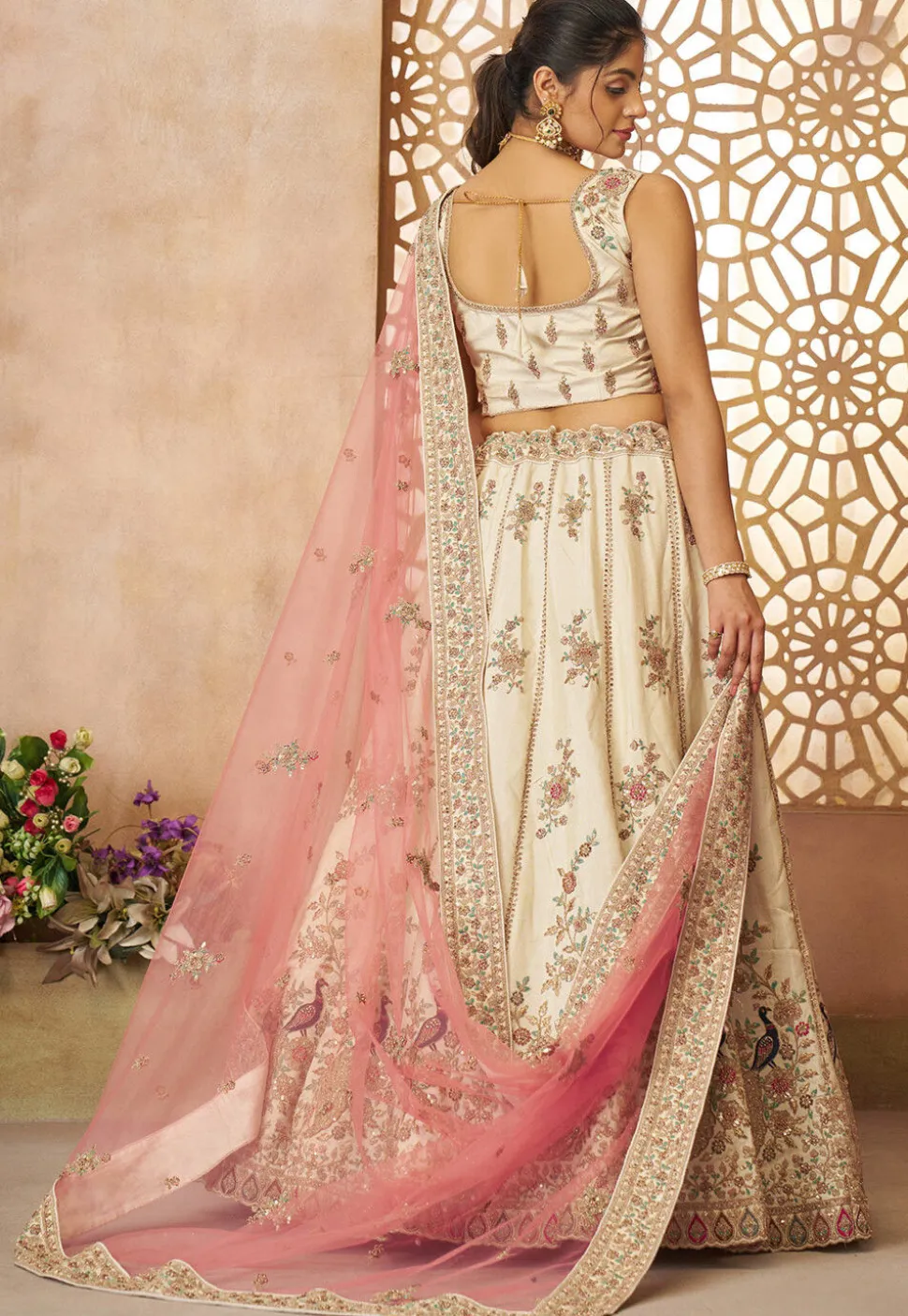 Embroidered Art Silk Lehenga in Off White