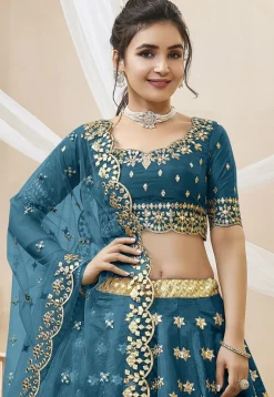 Embroidered Art Silk Lehenga in Teal Blue