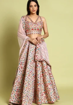 Embroidered Art Silk Lehenga in Pink