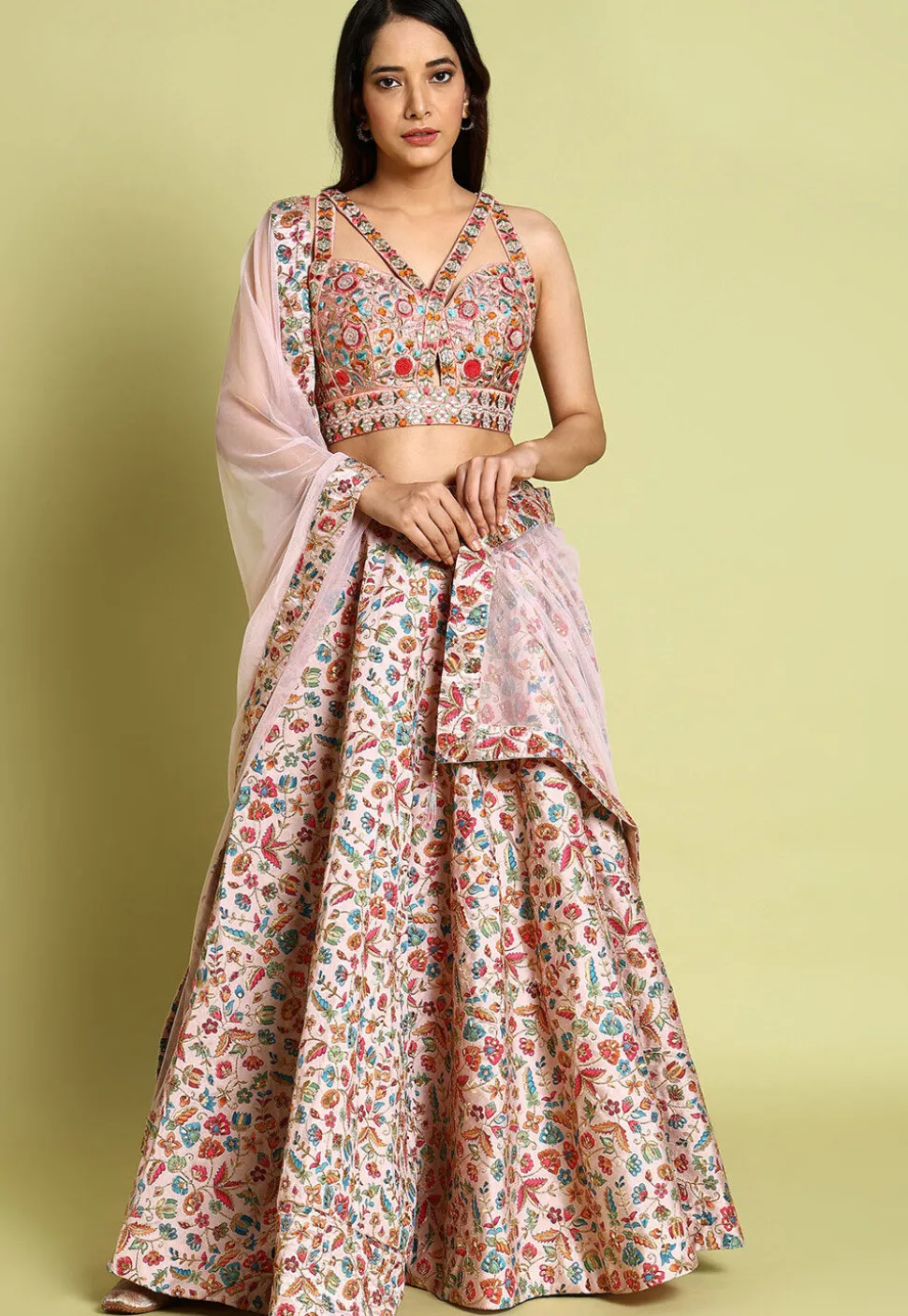 Embroidered Art Silk Lehenga in Pink