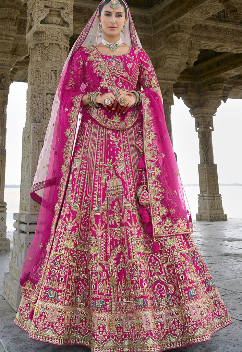 Embroidered Art Silk Lehenga in Magenta