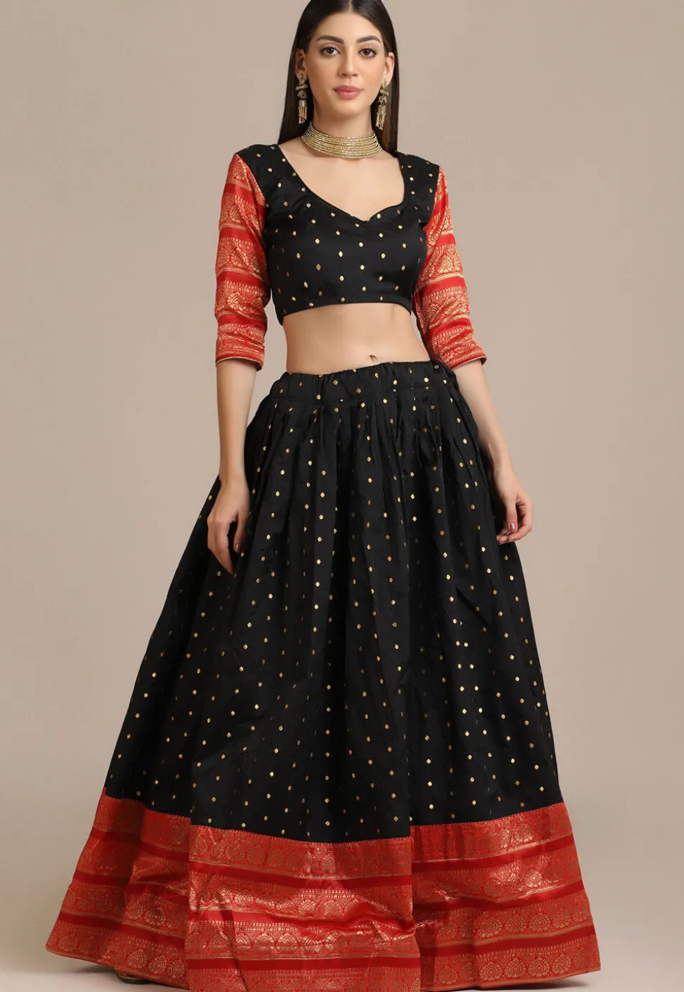 Embroidered Art Silk Lehenga in Black