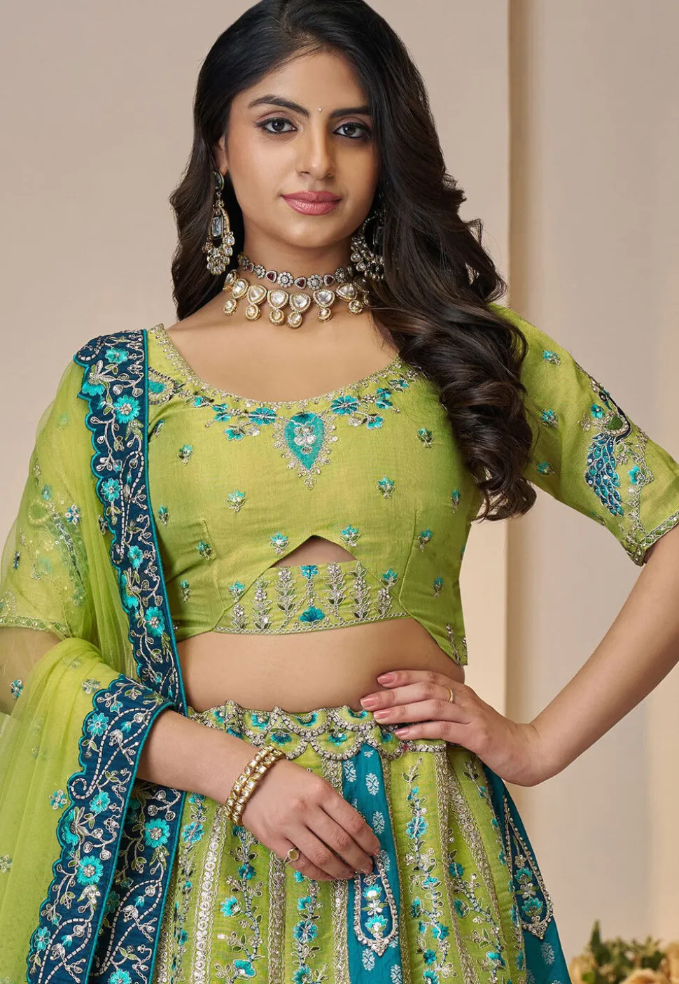 Embroidered Art Silk Lehenga in Light Green