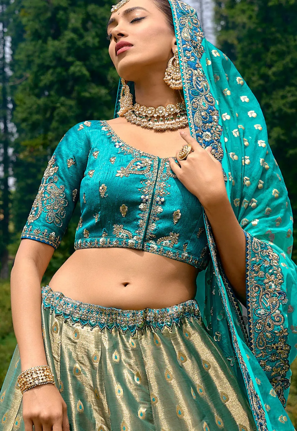 Embroidered Art Silk Lehenga in Dusty Green