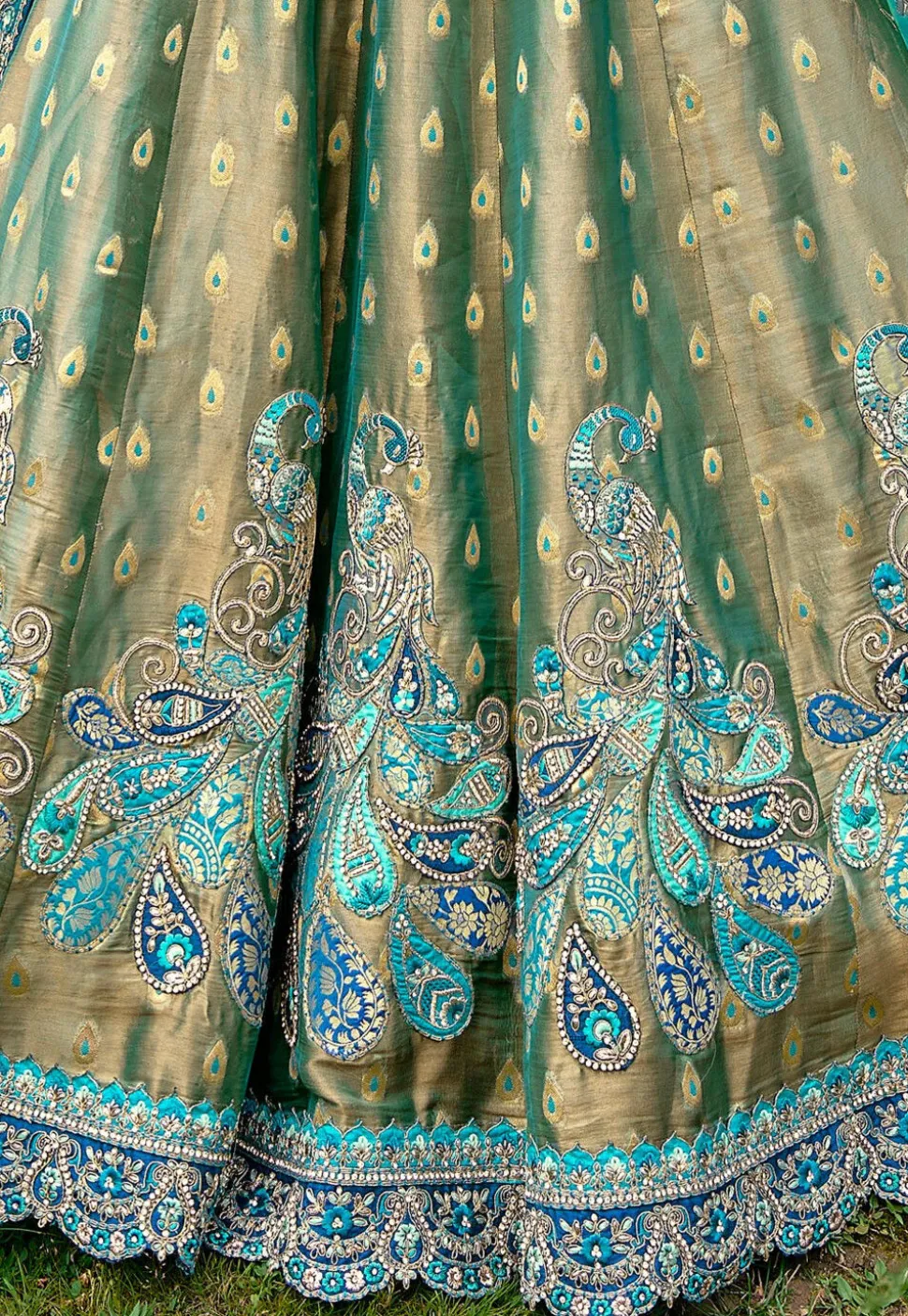 Embroidered Art Silk Lehenga in Dusty Green