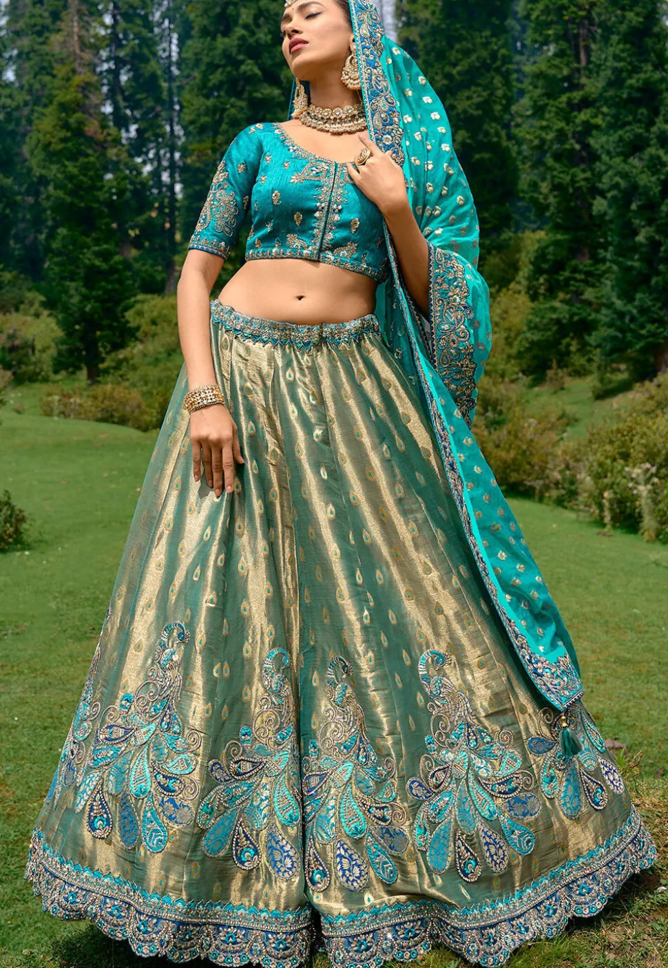 Embroidered Art Silk Lehenga in Dusty Green