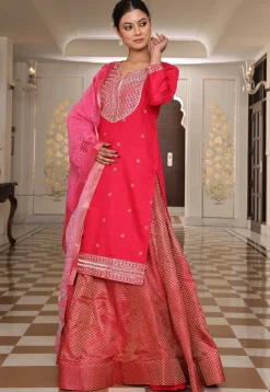 Embroidered Art Silk Lehenga in Fuchsia