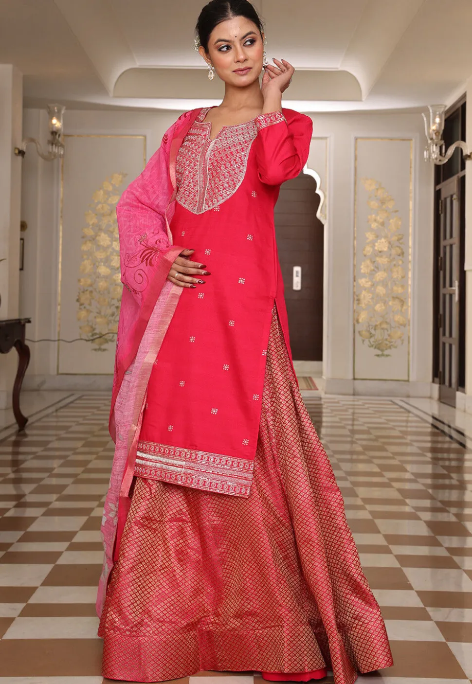Embroidered Art Silk Lehenga in Fuchsia