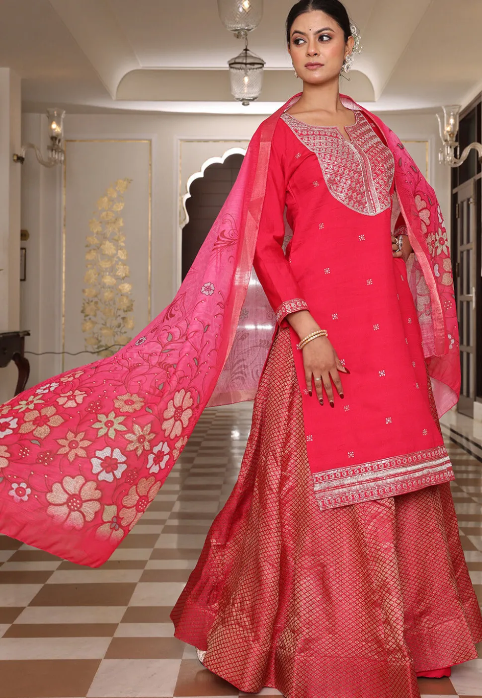 Embroidered Art Silk Lehenga in Fuchsia