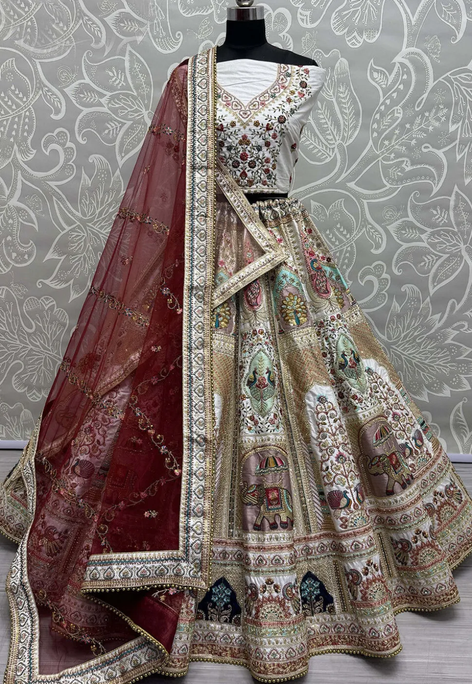 Embroidered Art Silk Lehenga in Off White