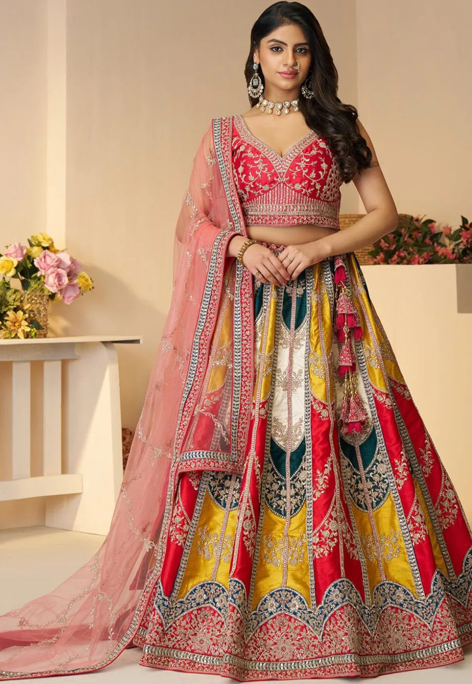 Embroidered Art Silk Lehenga in Multicolor