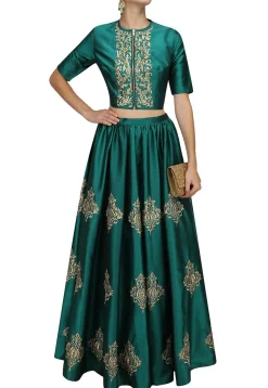 Embroidered Art Silk Lehenga in Teal Green