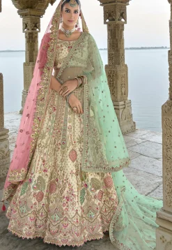 Embroidered Art Silk Lehenga in Cream