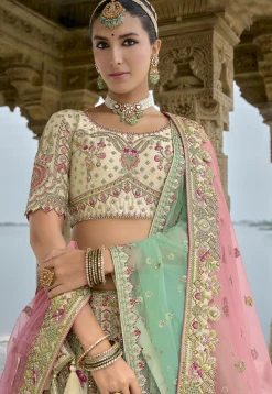 Embroidered Art Silk Lehenga in Cream