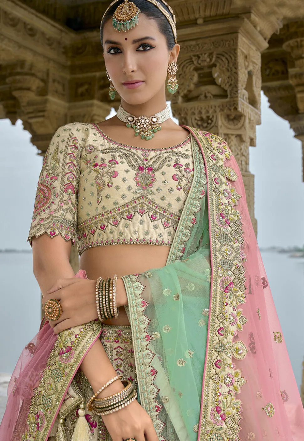Embroidered Art Silk Lehenga in Cream