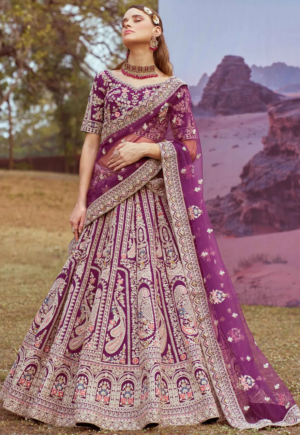 Embroidered Art Silk Lehenga in Purple