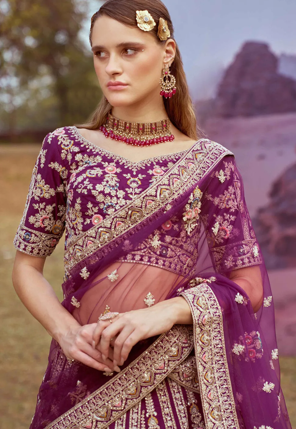 Embroidered Art Silk Lehenga in Purple