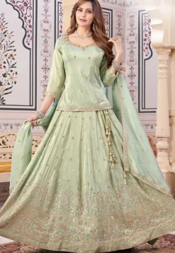Embroidered Art Silk Lehenga in Pastel Green