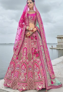 Embroidered Art Silk Lehenga in Fuchsia