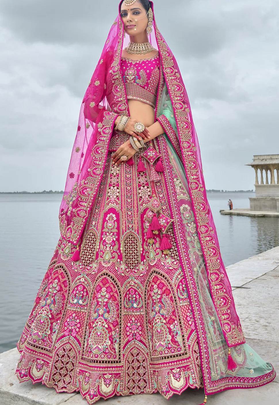 Embroidered Art Silk Lehenga in Fuchsia