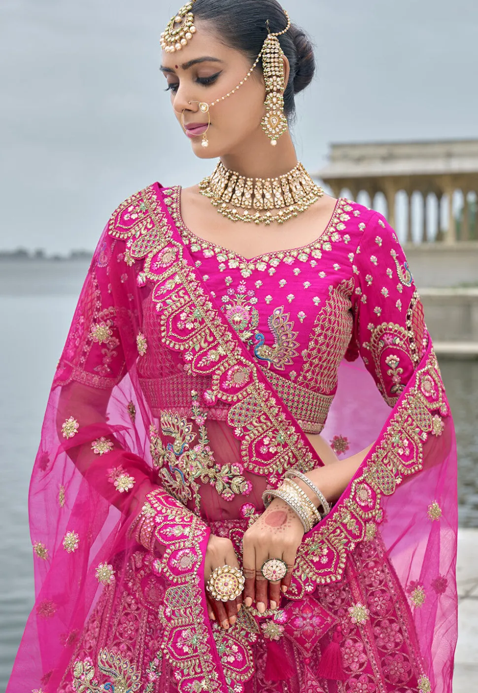 Embroidered Art Silk Lehenga in Fuchsia