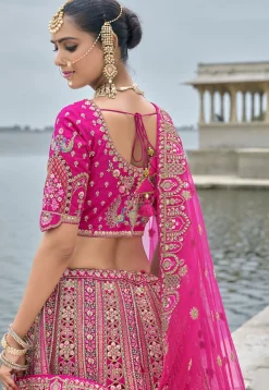 Embroidered Art Silk Lehenga in Fuchsia