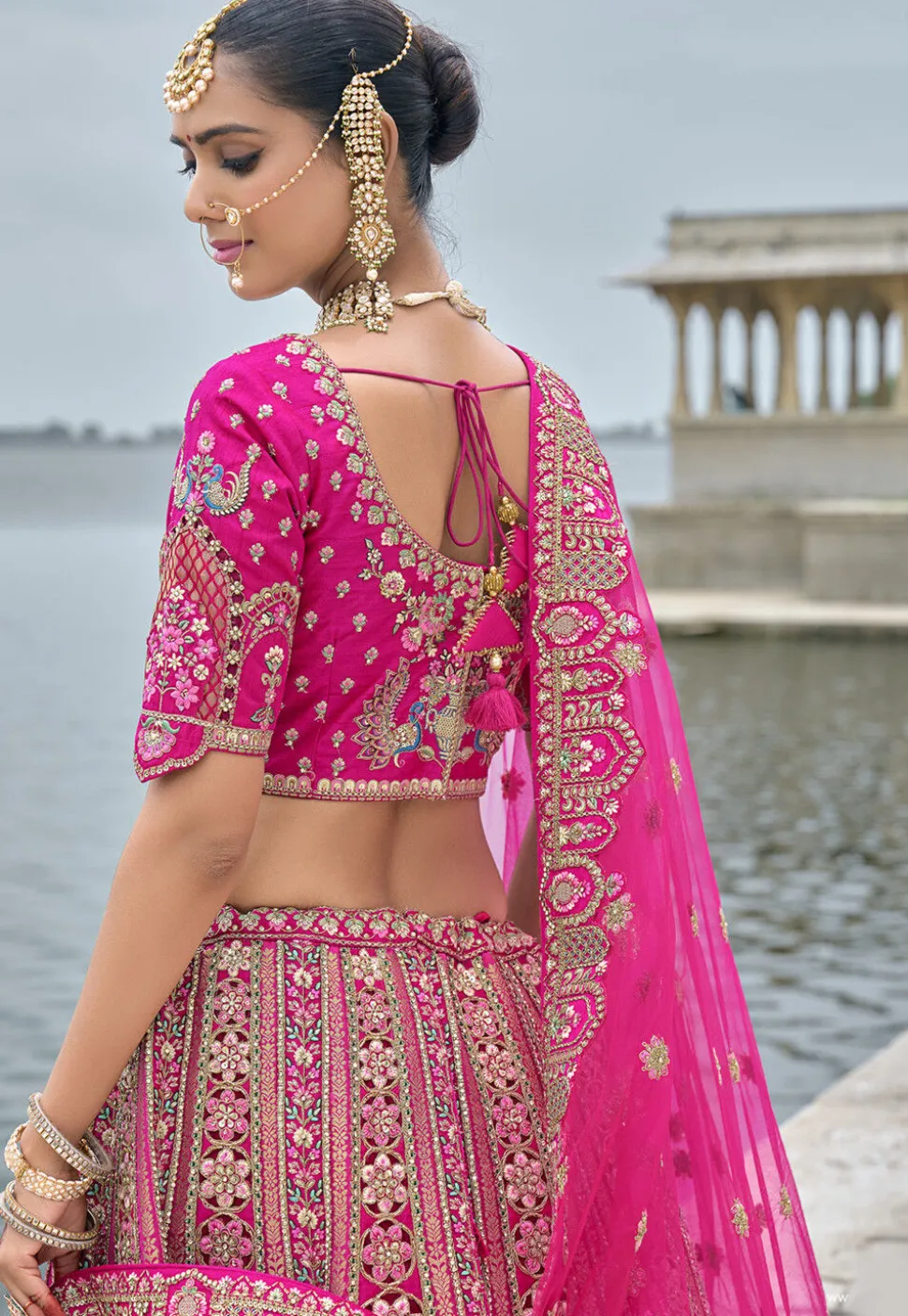 Embroidered Art Silk Lehenga in Fuchsia