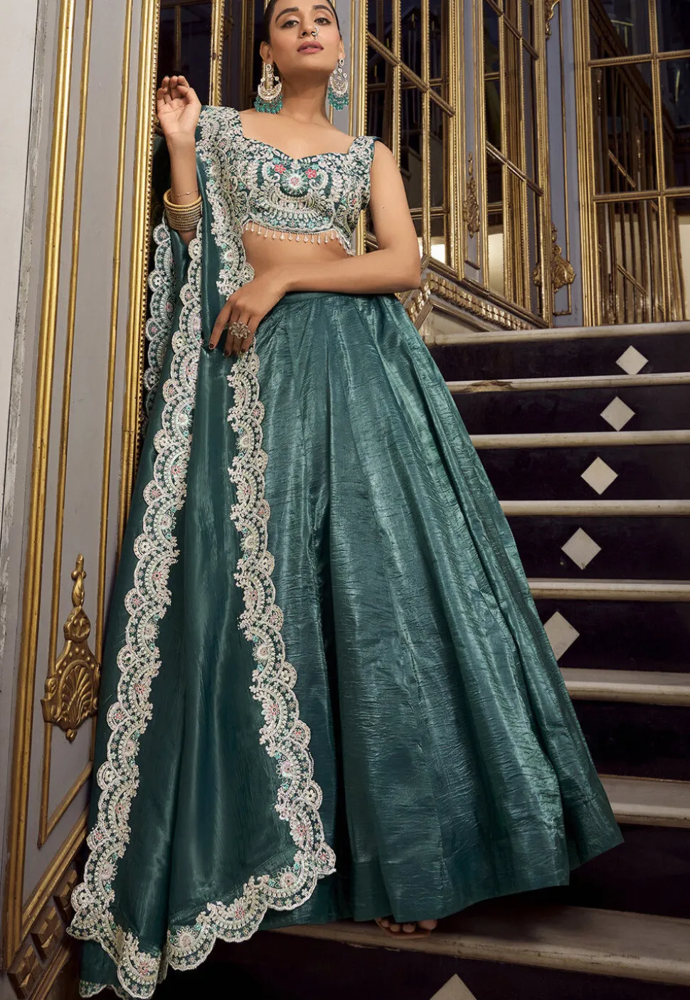 Embroidered Art Silk Lehenga in Dusty Green