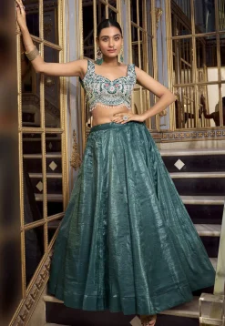 Embroidered Art Silk Lehenga in Dusty Green