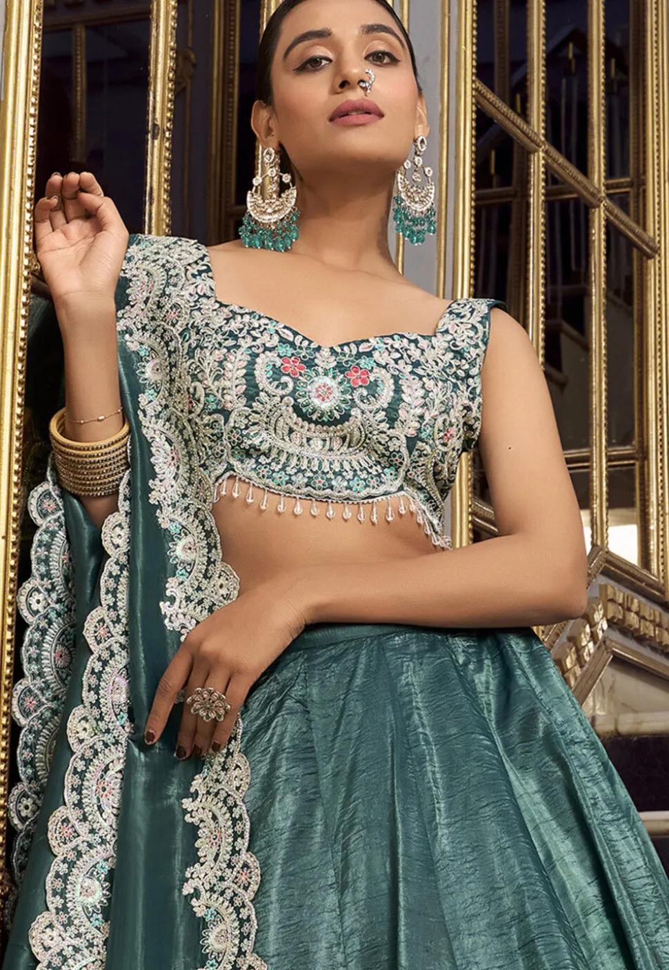 Embroidered Art Silk Lehenga in Dusty Green