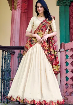 Embroidered Art Silk Lehenga in Off White
