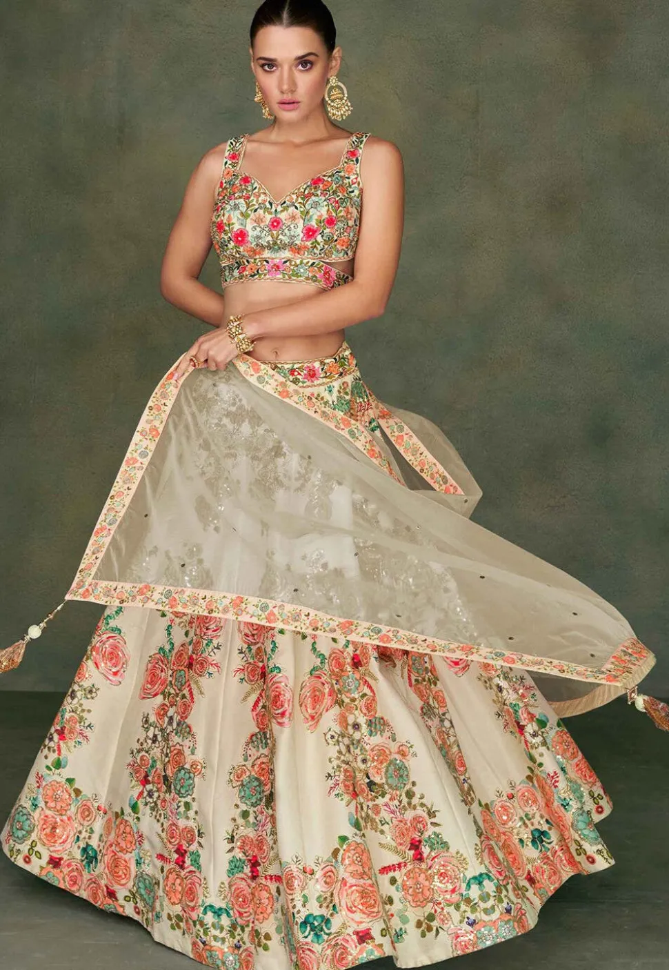 Embroidered Art Silk Lehenga in Cream