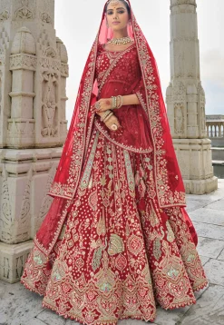 Embroidered Art Silk Lehenga in Red