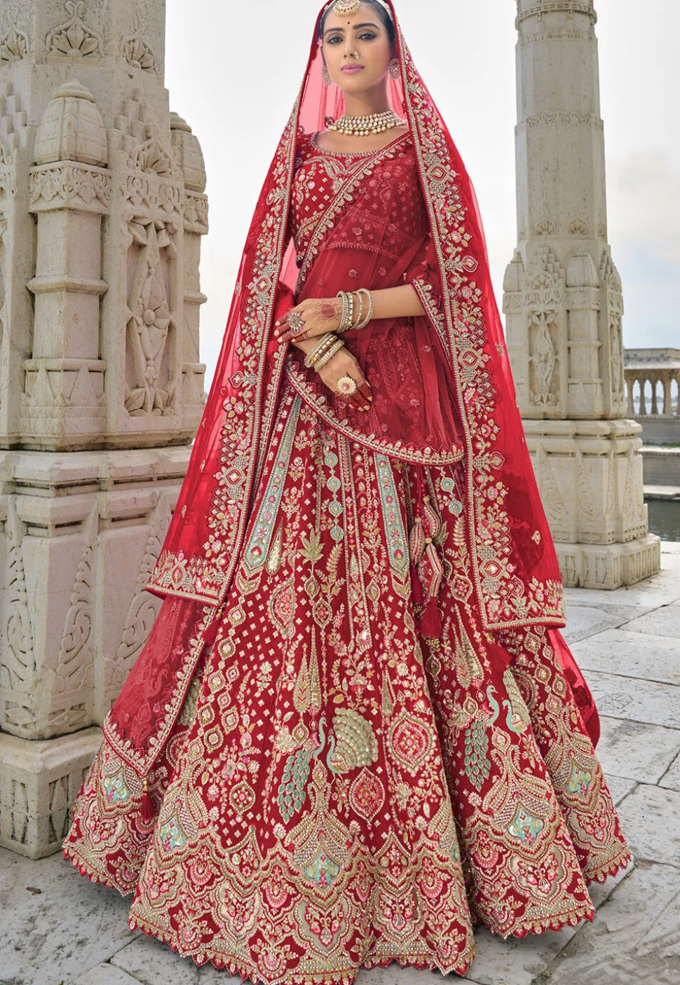 Embroidered Art Silk Lehenga in Red