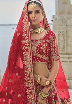 Embroidered Art Silk Lehenga in Red