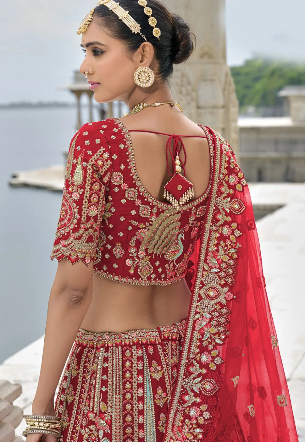 Embroidered Art Silk Lehenga in Red