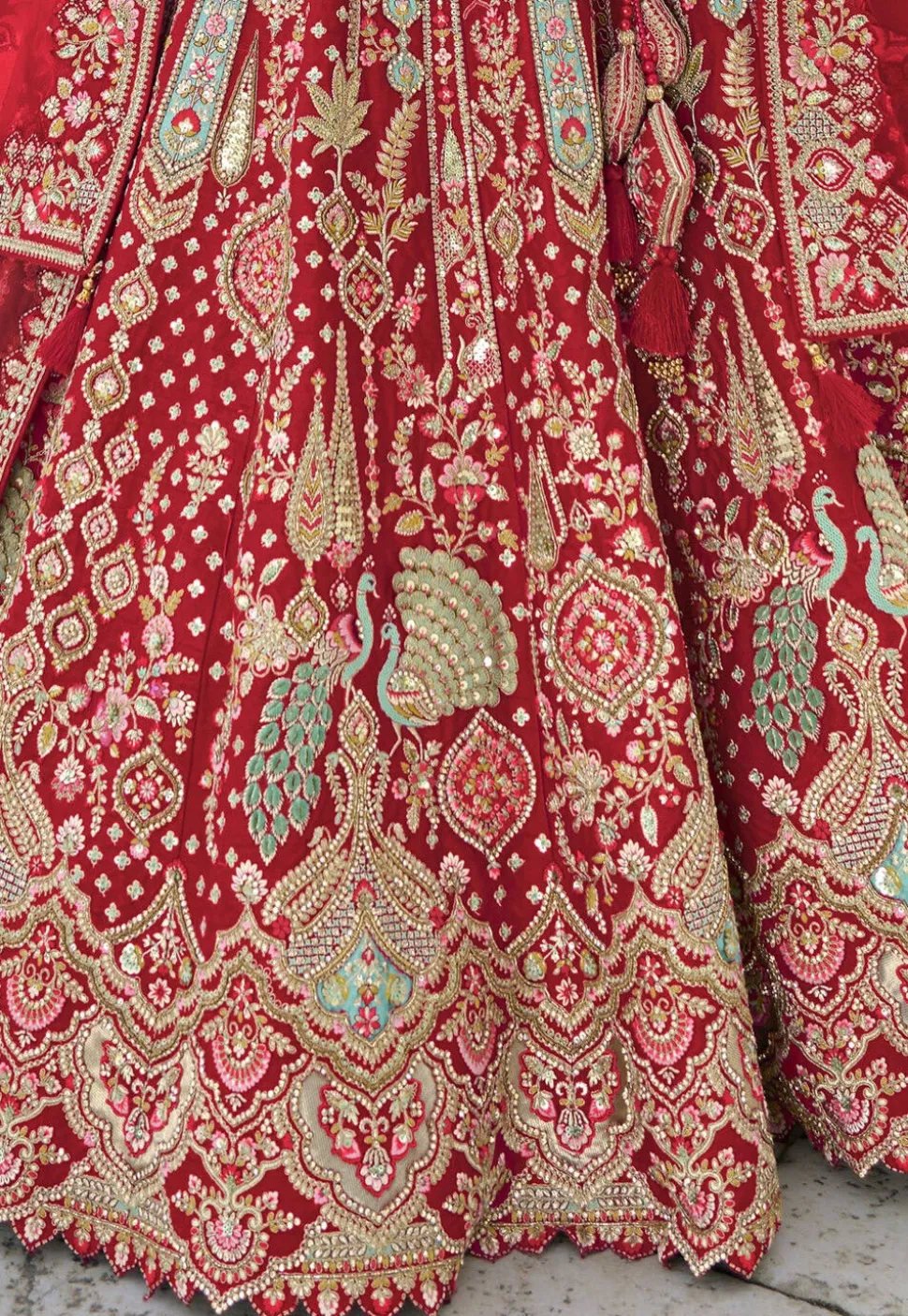 Embroidered Art Silk Lehenga in Red