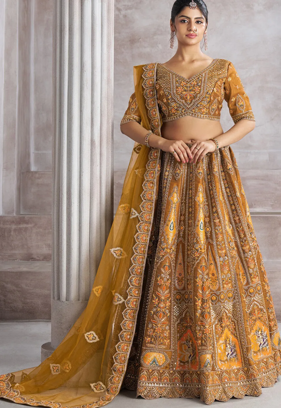 Embroidered Art Silk Lehenga in Mustard