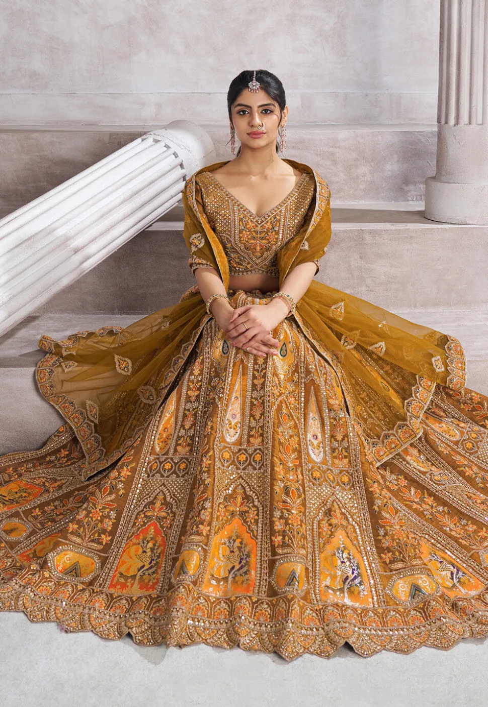 Embroidered Art Silk Lehenga in Mustard
